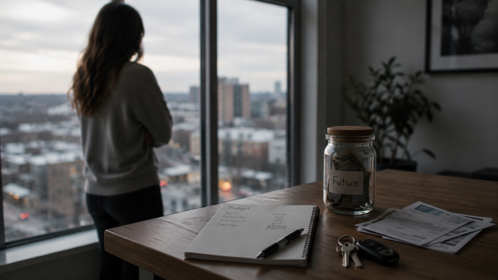 A person standing by an apartment window beside a budget notebook, keys, bills, and a savings jar